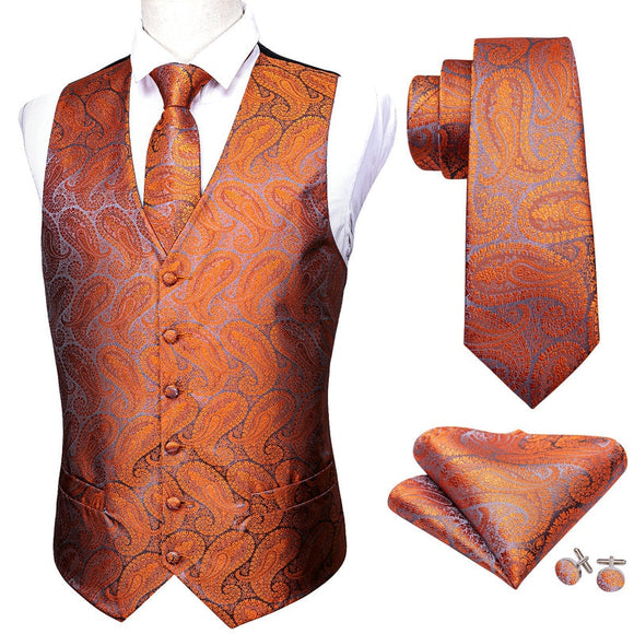  Barry Wang Men's Suit Vest Orange Paisley Waistcoat Silk Tailored Collar V-neck Check Vest Tie Set Formal Leisure M-2042 Mart Lion - Mart Lion