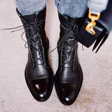 Akexiya Leather British Style Flat Boots Black Pointed Toe Handsome Motorcycle Women Round Head Bandage Mart Lion   
