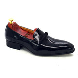 Men's Dress Shoes Black Patent Leather loafers With Black String Pointed Toe Party Wedding Formal Luxury Mart Lion   