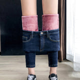 Winter Female Thick pink Fleece Warm Skinny Jeans trousers Women High waist Stretch Solid color casual Denim Pencil Pants Mart Lion blue 25 