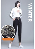 Fleece Black Jeans Women Winter Elastic Waist Thick Warm Trend Leopard Print Youth Denim Trousers Harem Pants Streetwear Mart Lion   