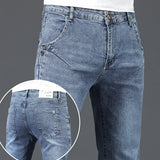 Trendy Men's Skinny Jeans Retro Washed Snowflake Slim Fit Type Classic Simple Casual Street Skateboarding Denim Pants Mart Lion blue 27 