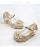 Princess Kids Leather Shoes For Girls Flower Casual Glitter Children High Heel Butterfly Knot Blue Pink Silver Mart Lion   