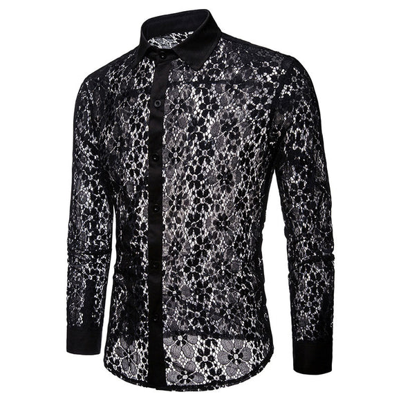 Luxury Floral Embroidery Lace Shirt Men's Transparent Dress See Trough Club Party Black Mart Lion Black S 