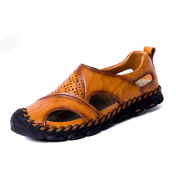 Summer Sandals Men's Breathable Genuine Leather Flats Casual Beach shoes Mart Lion brown 6.5 
