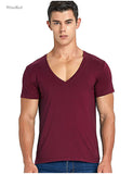 Deep V Neck T Shirt for Men's Low Cut Scoop Neck Top Tees Drop Tail Short Sleeve Cotton Casual Style Mart Lion   
