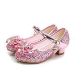 Princess Kids Leather Shoes For Girls Flower Casual Glitter Children High Heel Butterfly Knot Blue Pink Silver Mart Lion Pink 9.5 