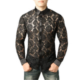 Men's Mesh See Through Fishnet Clubwear Shirts Slim Fit Long Sleeve Lace Event Prom Transparent Chemise Mart Lion Pattern 2 US Size S 