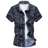 Summer Men's Geometric Plaid printed Hawaiian vacation Short sleeve shirts camisa masculina casual Mart Lion 6912 dark blue Asian size M 
