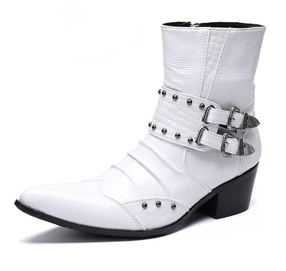 Genuine Leather Rivets Men's Ankle Boots Formal Dress Shoes Pointed Toe Metal Toes Chelsea Cowboy Mart Lion White 6.5 