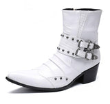 Genuine Leather Rivets Men's Ankle Boots Formal Dress Shoes Pointed Toe Metal Toes Chelsea Cowboy Mart Lion White 6.5 