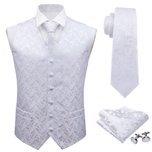 Barry Wang Men's Classic White Floral Jacquard Silk Waistcoat Vests Handkerchief Party Wedding Tie Vest Suit Pocket Square Set Mart Lion   