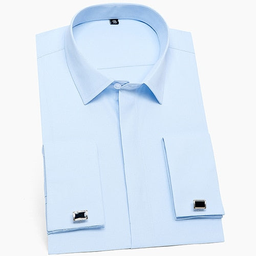 Men's Classic French Cuffs Solid Dress Shirt Covered Placket Formal Standard-fit Long Sleeve Office Work White Mart Lion Light Blue 38 