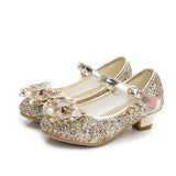 Princess Kids Leather Shoes For Girls Flower Casual Glitter Children High Heel Butterfly Knot Blue Pink Silver Mart Lion Gold 9.5 