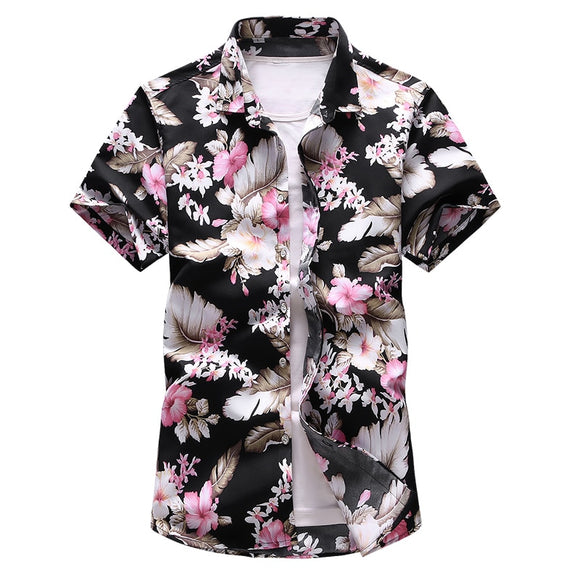  Summer floral printed Men's Hawaiian vacation Party Slim black  shirts Hip hop male Short sleeve casual Mart Lion - Mart Lion