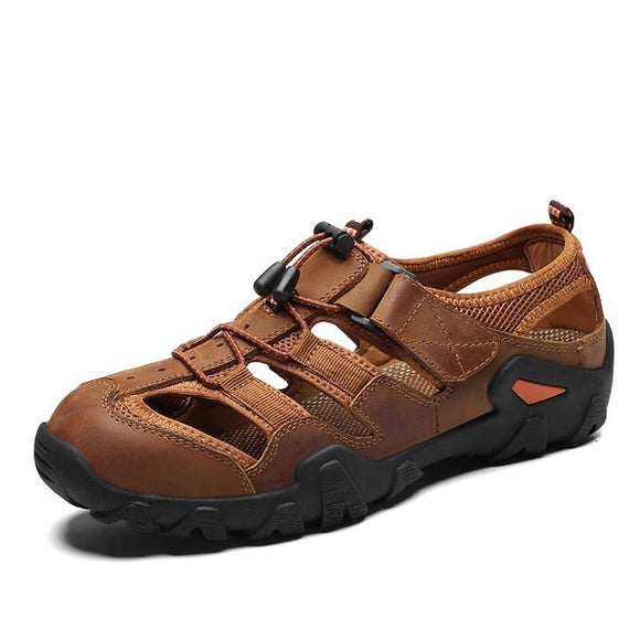 Summer Men's Shoes Outdoor Casual Sandals Genuine Leather Non-slip Sneakers Beach Mart Lion Light brown 6.5 