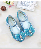 Princess Kids Leather Shoes For Girls Flower Casual Glitter Children High Heel Butterfly Knot Blue Pink Silver Mart Lion   