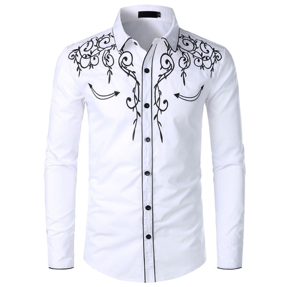 Men's Western Cowboy Shirt Stylish Embroidered Slim Fit Long Sleeve Party Design Banquet Button Down Mart Lion White US Size S 