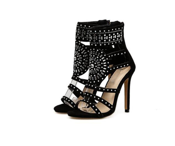  Aneikeh Women Open Toe Rhinestone Design High Heel Sandals Crystal Ankle Wrap Glitter Diamond Gladiator Black Mart Lion - Mart Lion