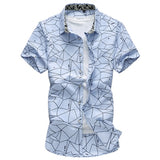 Summer Men's Geometric Plaid printed Hawaiian vacation Short sleeve shirts camisa masculina casual Mart Lion 6912 Light blue Asian size M 