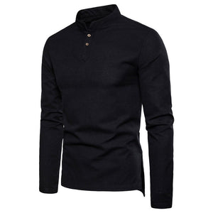 Spring Cotton Linen T Shirts Men's Slim Fit Long Sleeve Tops Tees Solid Color Breathable Causal Linen Mart Lion Black M 