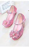 Princess Kids Leather Shoes For Girls Flower Casual Glitter Children High Heel Butterfly Knot Blue Pink Silver Mart Lion   