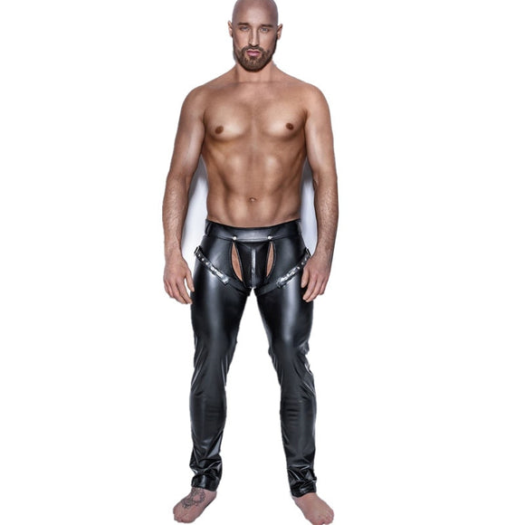 Men's Skinny Faux PU Leather Pants Shiny Black Trousers Nightclub Stage Performance Singers Dancer Open Front Leather Pants Mart Lion   
