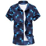 Summer Men's Geometric Plaid printed Hawaiian vacation Short sleeve shirts camisa masculina casual Mart Lion 6933 dark blue Asian size M 