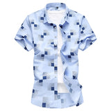 Summer Men's Geometric Plaid printed Hawaiian vacation Short sleeve shirts camisa masculina casual Mart Lion 6933 Light blue Asian size M 
