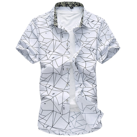 Summer Men's Geometric Plaid printed Hawaiian vacation Short sleeve shirts camisa masculina casual Mart Lion   