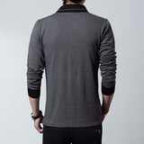 Autumn Men's T-shirt Patchwork V-Neck Long Sleeve Slim Fit Cotton Mart Lion   