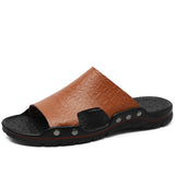 Men's Slippers Summer Flat Summer Shoes Breathable Beach Slippers Split Leather Flip Flops Mart Lion brown 6.5 