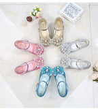Princess Kids Leather Shoes For Girls Flower Casual Glitter Children High Heel Butterfly Knot Blue Pink Silver Mart Lion   