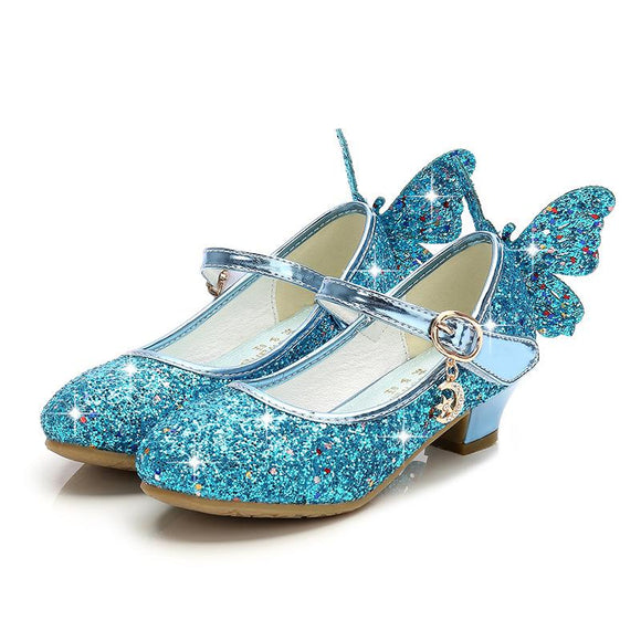 Summer Girls High Heel Princess Sandals Children Shoes Glitter Leather Butterfly Kids For Party Dress Weddin Party Mart Lion Blue 9.5 