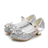 Princess Kids Leather Shoes For Girls Flower Casual Glitter Children High Heel Butterfly Knot Blue Pink Silver Mart Lion Silver 9.5 