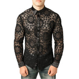 Men's Mesh See Through Fishnet Clubwear Shirts Slim Fit Long Sleeve Lace Event Prom Transparent Chemise Mart Lion Pattern 4 US Size S 