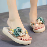 Korean version of the women platform shoes sandals slippery flip-flops wedges flowers slippers Mart Lion Green 9 