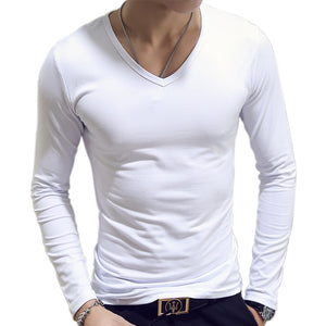 V Neck Men's T Shirts Plain Long Sleeve slim Fit Undershirt Armor Summer Casual Tee Tops Underwear White Black Mart Lion   