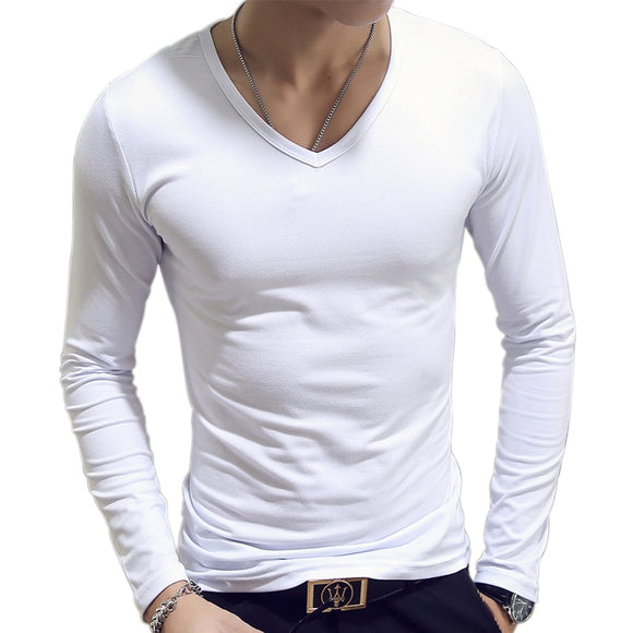  V Neck Men's T Shirts Plain Long Sleeve slim Fit Undershirt Armor Summer Casual Tee Tops Underwear White Black Mart Lion - Mart Lion
