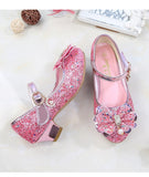 Princess Kids Leather Shoes For Girls Flower Casual Glitter Children High Heel Butterfly Knot Blue Pink Silver Mart Lion   