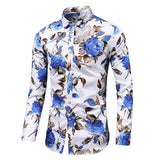 Autumn Men's Slim Floral Print Long Sleeve Shirts Party Holiday Casual Dress Flower Shirt Homme Mart Lion blue Asian size M 