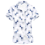 Summer Men's Geometric Plaid printed Hawaiian vacation Short sleeve shirts camisa masculina casual Mart Lion 6933 white Asian size M 