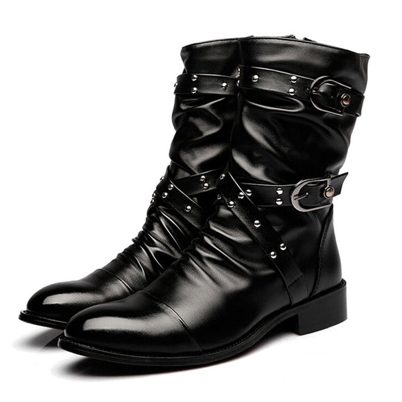  Men's Genuine Leather Rivets Punk Boots Casual Buckle Zip Flats Brand Martin Shoes Mart Lion - Mart Lion