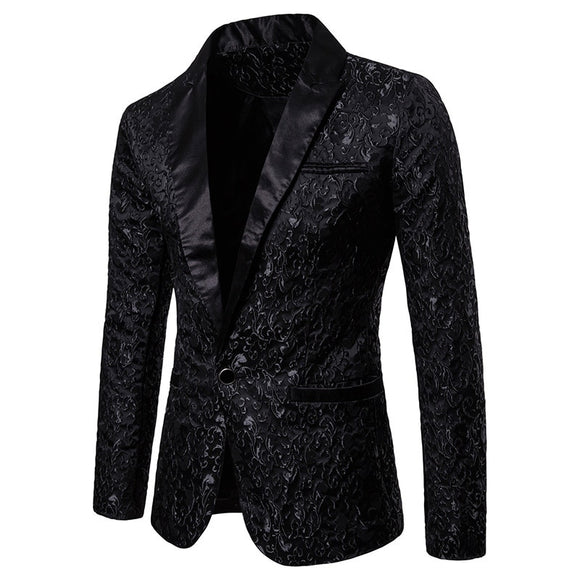 Black Jacquard Bronzing Floral Blazer Men's Luxury Brand Single Button Suit Jacket Wedding Party Stage Homme Mart Lion Black S 