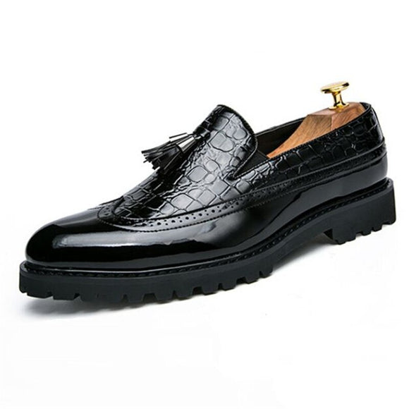 Men's Crocodile Grain Leather Lace-Up Casual Shoes Tassel Loafers Moccasins Vintage Carved Brogue Mart Lion 6935-Black 6 China