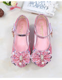 Princess Kids Leather Shoes For Girls Flower Casual Glitter Children High Heel Butterfly Knot Blue Pink Silver Mart Lion   