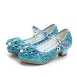Princess Kids Leather Shoes For Girls Flower Casual Glitter Children High Heel Butterfly Knot Blue Pink Silver Mart Lion Blue 9.5 