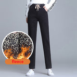 Fleece Black Jeans Women Winter Elastic Waist Thick Warm Trend Leopard Print Youth Denim Trousers Harem Pants Streetwear Mart Lion black 26 China