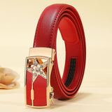 Women Belt White for Jeans Design Real Genuine Leather Belts Waist Metal Automatic Buckle Strap Mart Lion star red China 95cm 24to27 Inch
