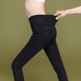 Women's Simple solid Elastic high waist Skinny Jeans Clothes black blue Slim mom Jeans Stretch Denim Pants Mart Lion black 26 